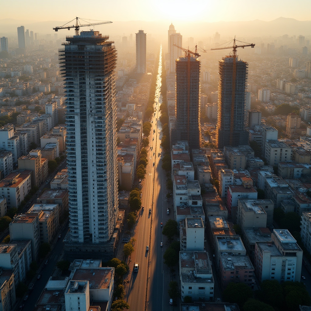 Aerial view of urban development in an Argentine city showing residential and commercial construction