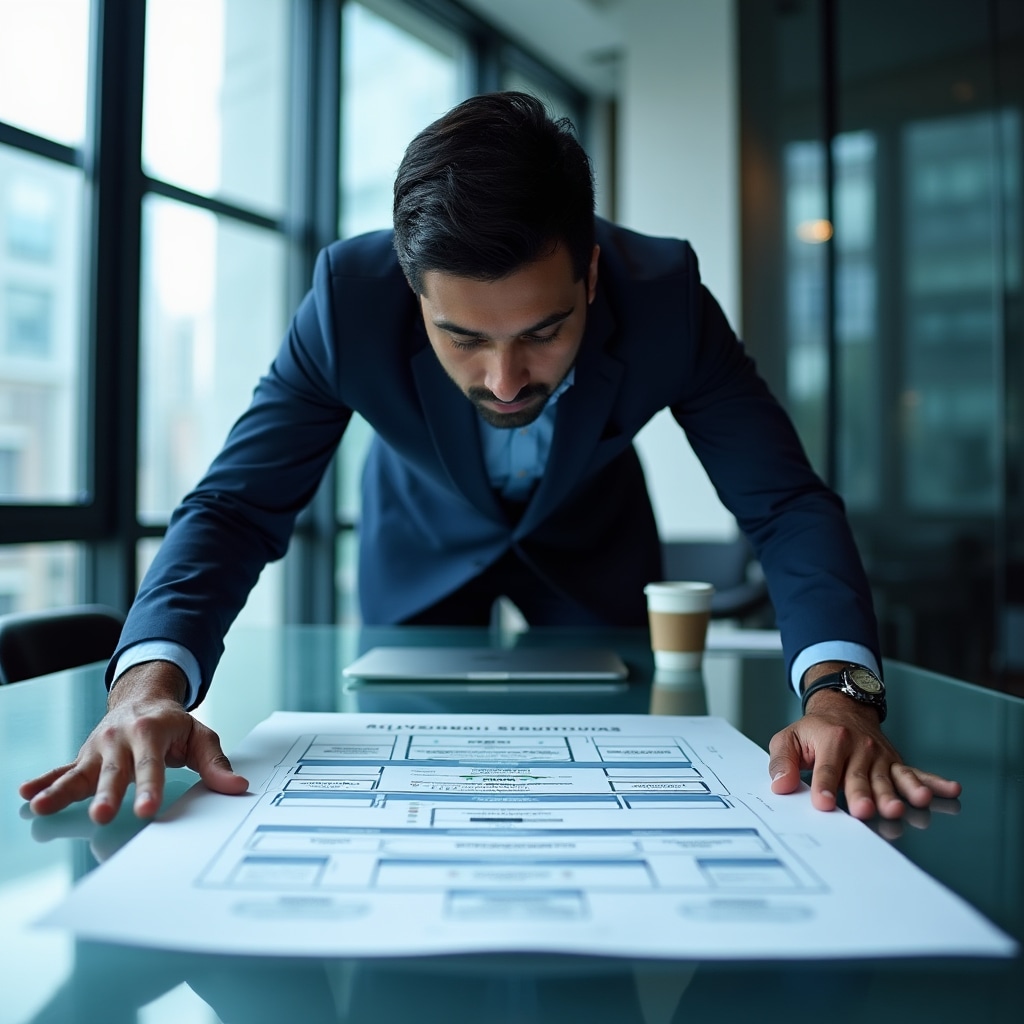 Professional reviewing capital structure documentation for a real estate development