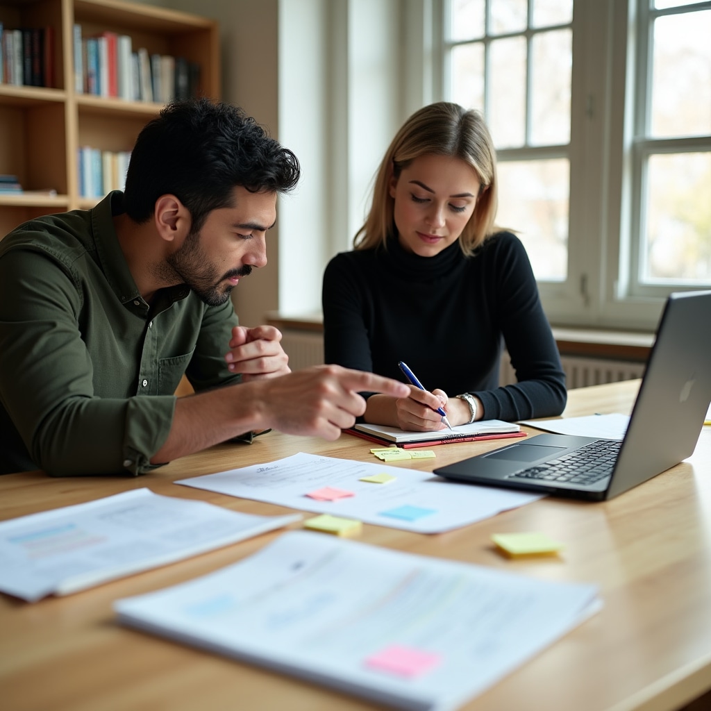 Content development session with professionals reviewing educational materials at a well-lit workspace