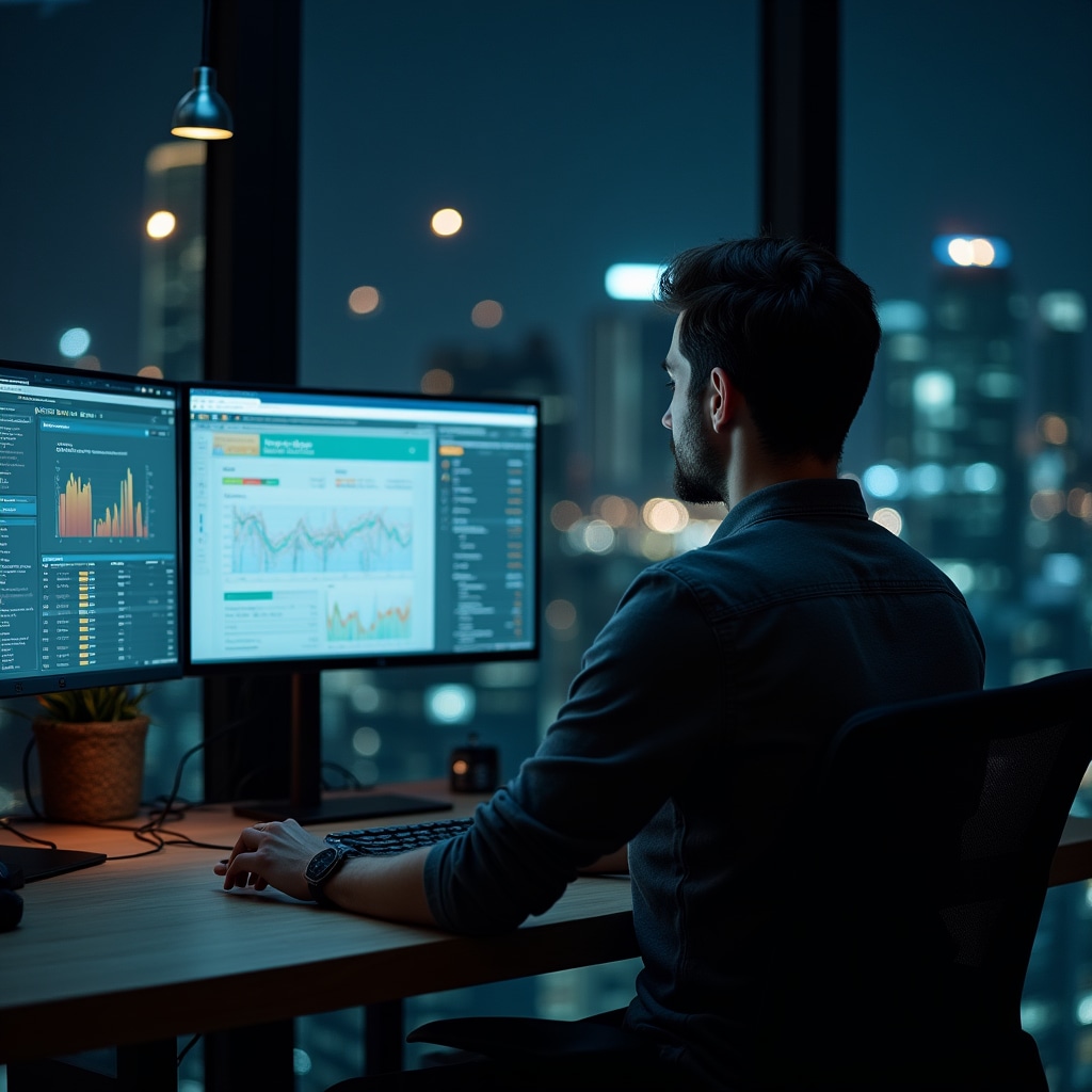 Analyst reviewing crowdlending platform data on dual monitors in a modern workspace