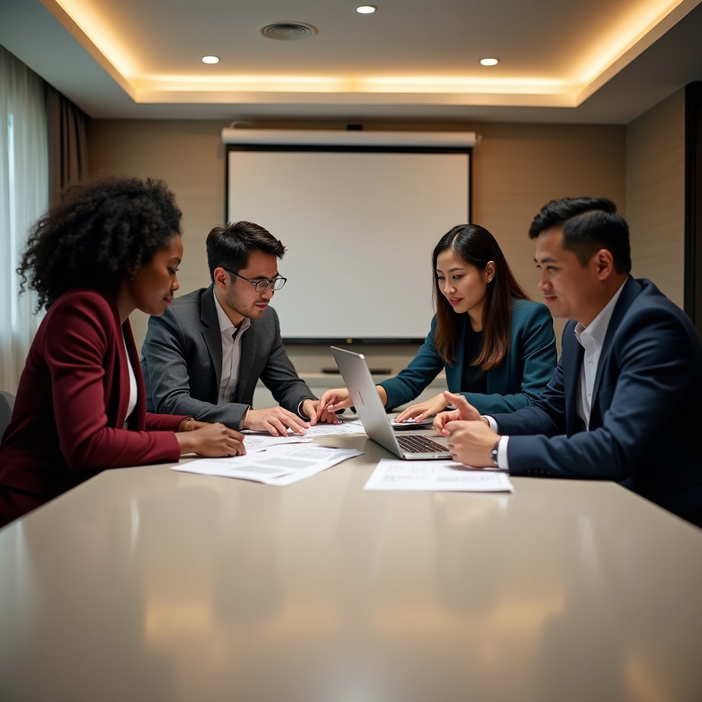 Multidisciplinary team discussing real estate project documentation around a conference table
