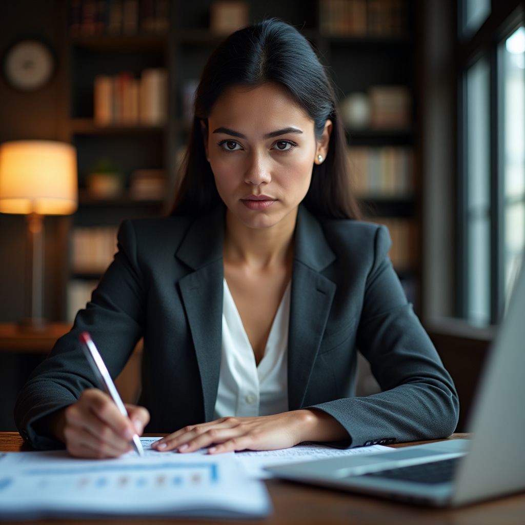 Professional studying real estate finance materials at a modern desk